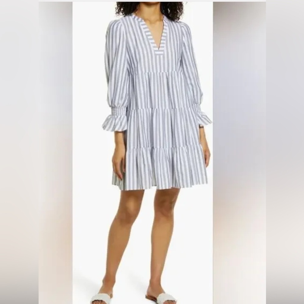 Eliza J dark blue and white Striped Dress with tiered skirt Size 8 100% cotton